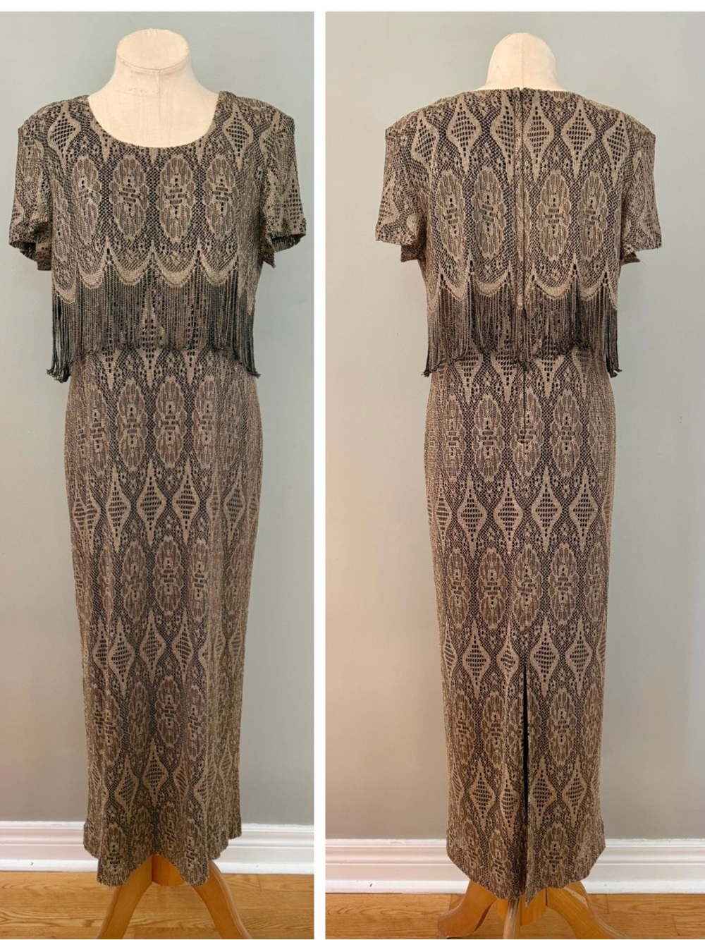 Vintage Cartise Flapper Metallic Gold & Black Fringe Dress P2P 20”